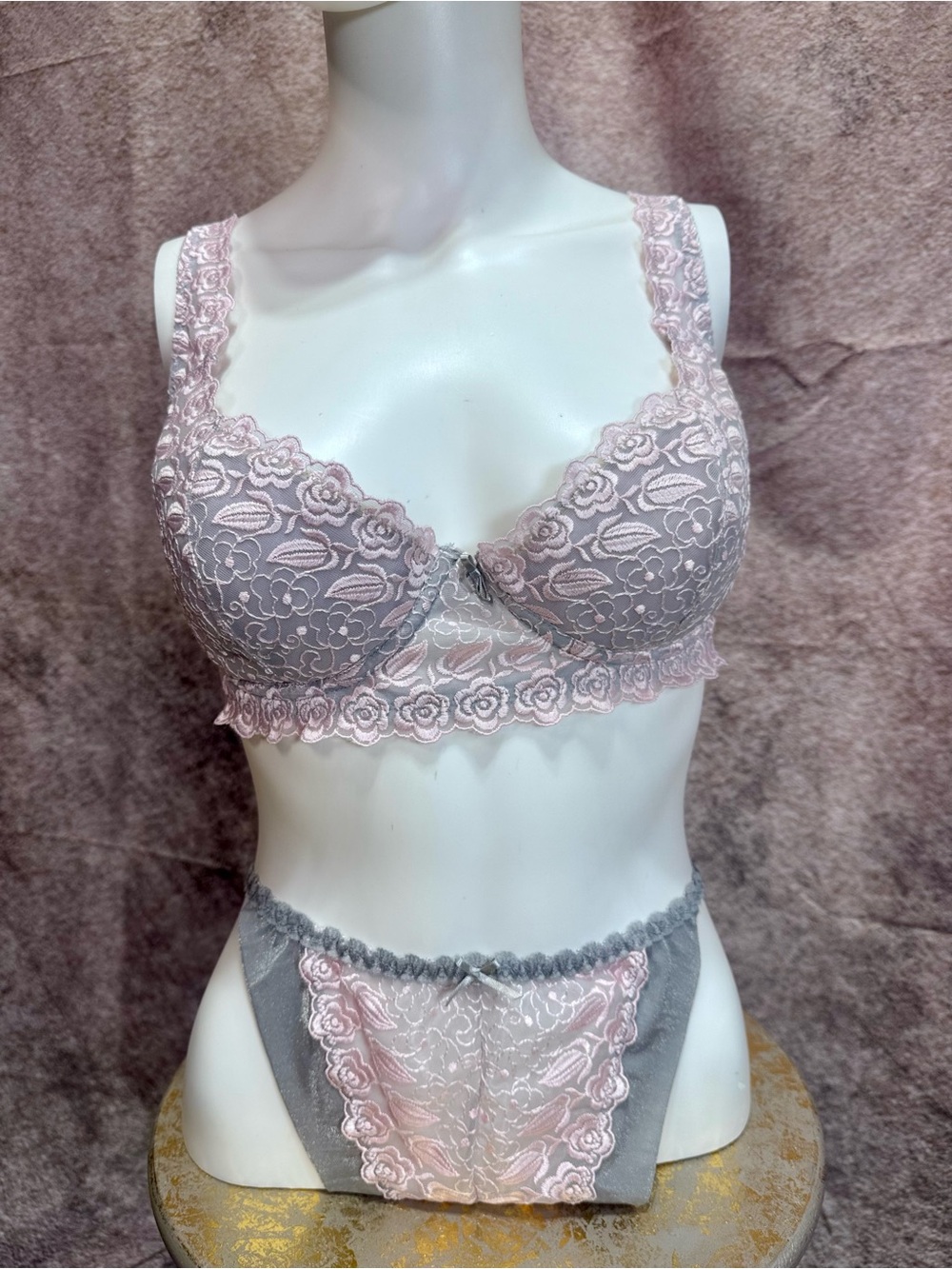 NWOT 38C Lace Underwire Bra & Panty Set in Blush Pink and Silver Gray